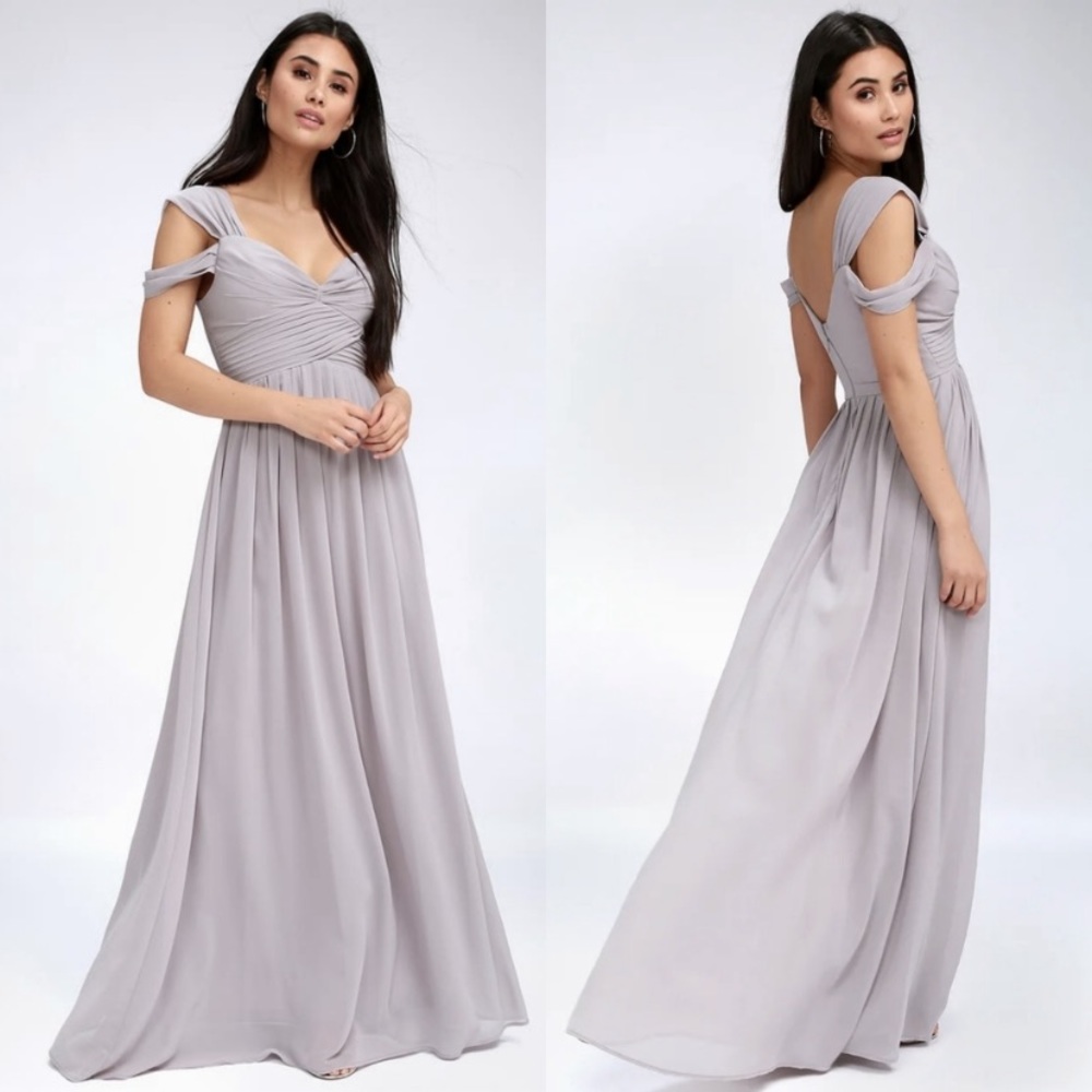 Lulu’s on website for “$145” Ocean of Elegance Grey Maxi Dress